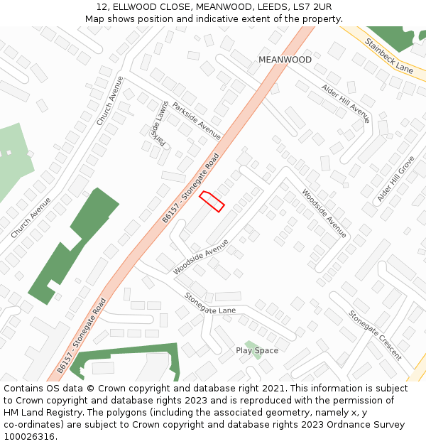 12, ELLWOOD CLOSE, MEANWOOD, LEEDS, LS7 2UR: Location map and indicative extent of plot