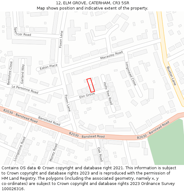 12, ELM GROVE, CATERHAM, CR3 5SR: Location map and indicative extent of plot