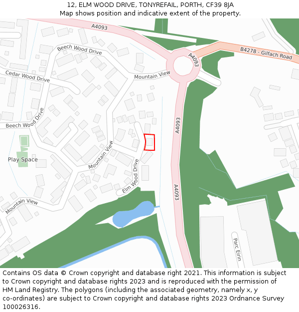 12, ELM WOOD DRIVE, TONYREFAIL, PORTH, CF39 8JA: Location map and indicative extent of plot