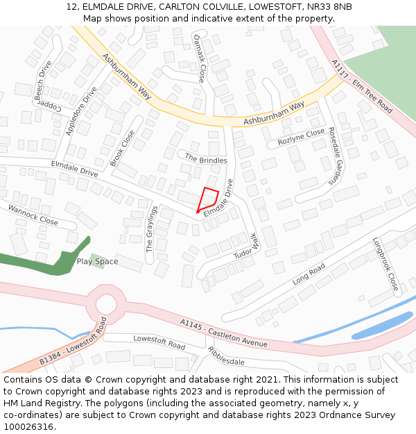 12, ELMDALE DRIVE, CARLTON COLVILLE, LOWESTOFT, NR33 8NB: Location map and indicative extent of plot