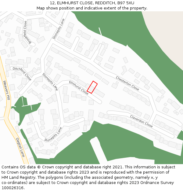 12, ELMHURST CLOSE, REDDITCH, B97 5XU: Location map and indicative extent of plot