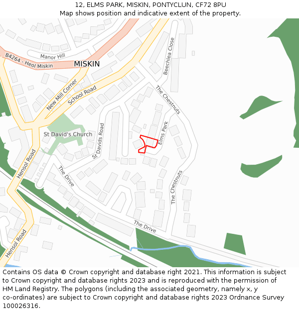 12, ELMS PARK, MISKIN, PONTYCLUN, CF72 8PU: Location map and indicative extent of plot