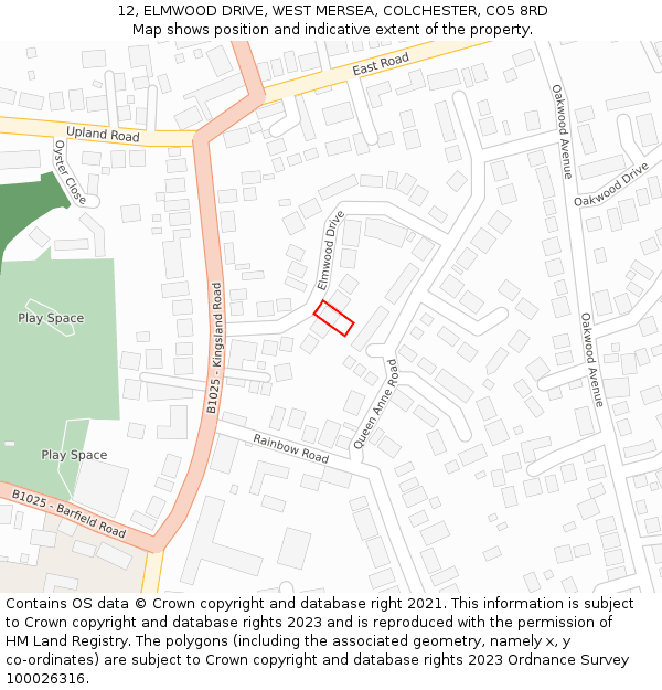 12, ELMWOOD DRIVE, WEST MERSEA, COLCHESTER, CO5 8RD: Location map and indicative extent of plot