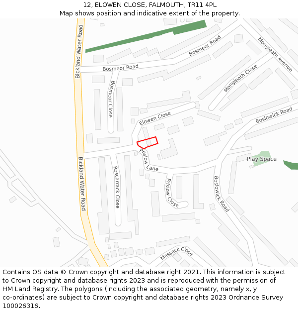 12, ELOWEN CLOSE, FALMOUTH, TR11 4PL: Location map and indicative extent of plot