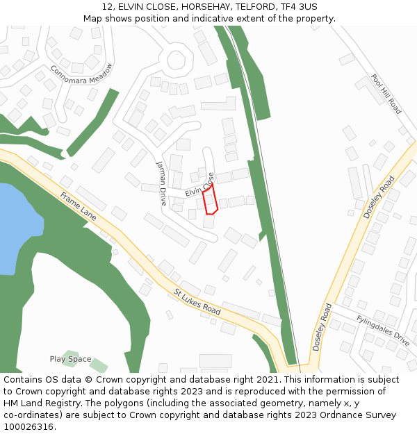 12, ELVIN CLOSE, HORSEHAY, TELFORD, TF4 3US: Location map and indicative extent of plot