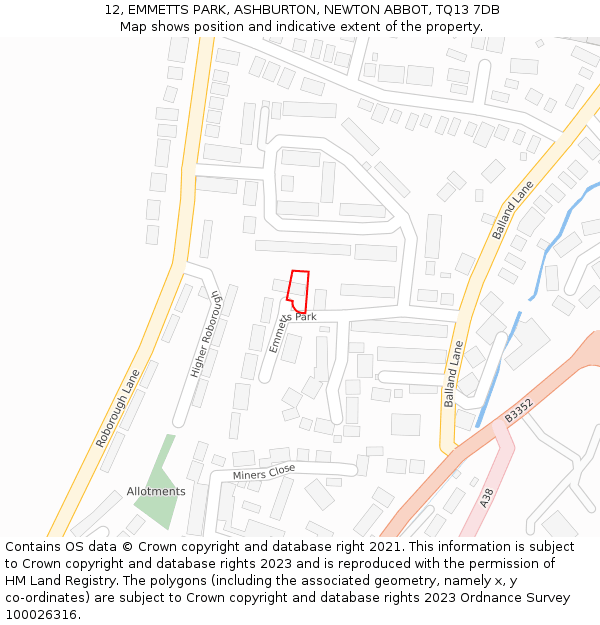 12, EMMETTS PARK, ASHBURTON, NEWTON ABBOT, TQ13 7DB: Location map and indicative extent of plot