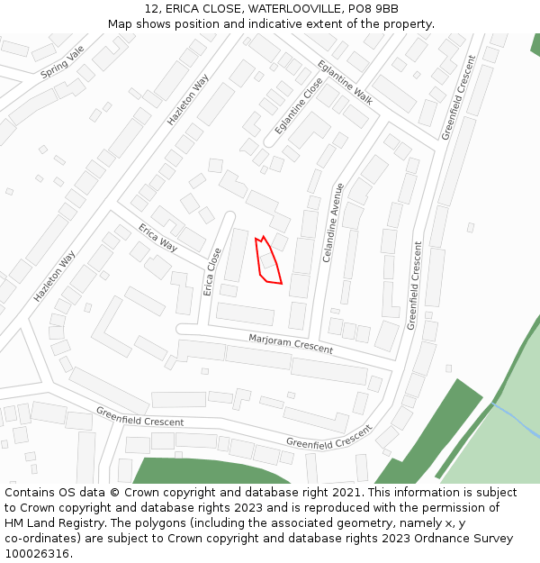 12, ERICA CLOSE, WATERLOOVILLE, PO8 9BB: Location map and indicative extent of plot