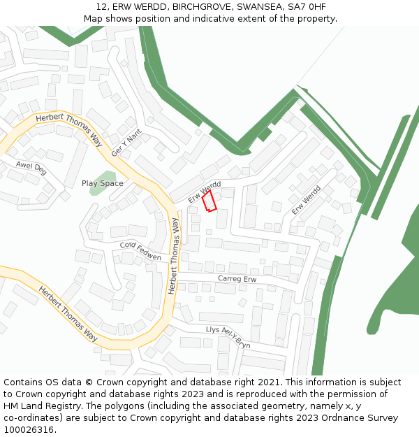 12, ERW WERDD, BIRCHGROVE, SWANSEA, SA7 0HF: Location map and indicative extent of plot