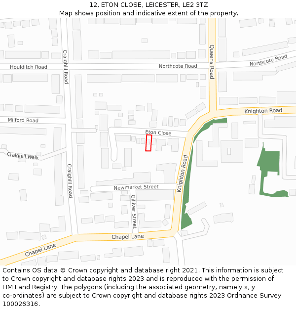 12, ETON CLOSE, LEICESTER, LE2 3TZ: Location map and indicative extent of plot