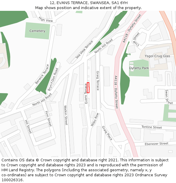 12, EVANS TERRACE, SWANSEA, SA1 6YH: Location map and indicative extent of plot