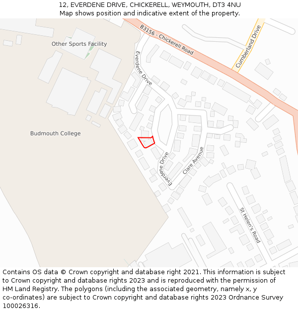 12, EVERDENE DRIVE, CHICKERELL, WEYMOUTH, DT3 4NU: Location map and indicative extent of plot