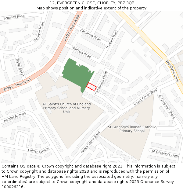 12, EVERGREEN CLOSE, CHORLEY, PR7 3QB: Location map and indicative extent of plot