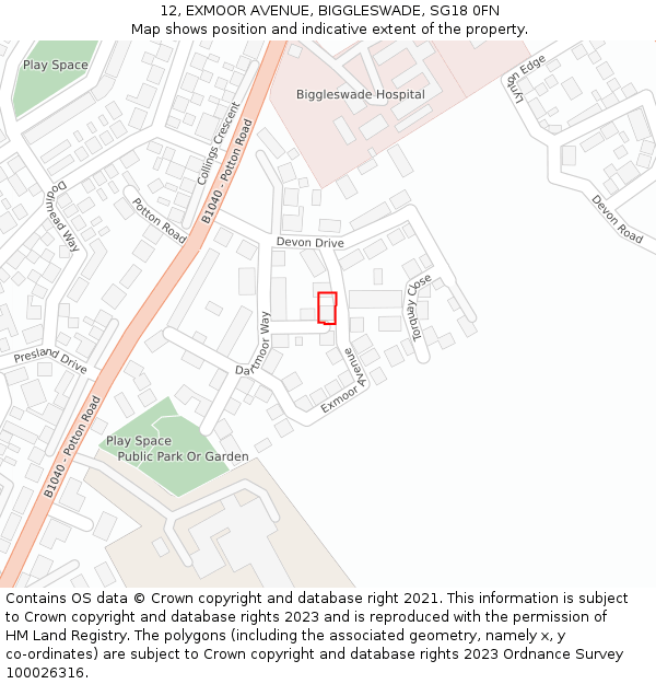 12, EXMOOR AVENUE, BIGGLESWADE, SG18 0FN: Location map and indicative extent of plot