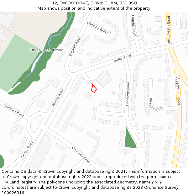 12, FAIRFAX DRIVE, BIRMINGHAM, B31 3SQ: Location map and indicative extent of plot