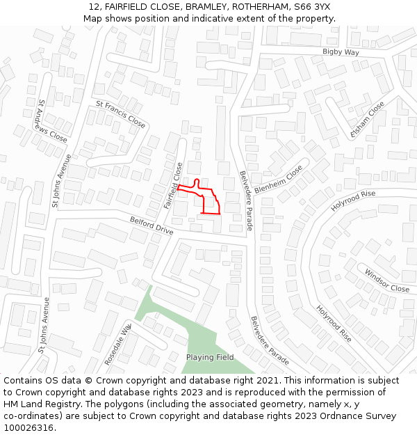12, FAIRFIELD CLOSE, BRAMLEY, ROTHERHAM, S66 3YX: Location map and indicative extent of plot