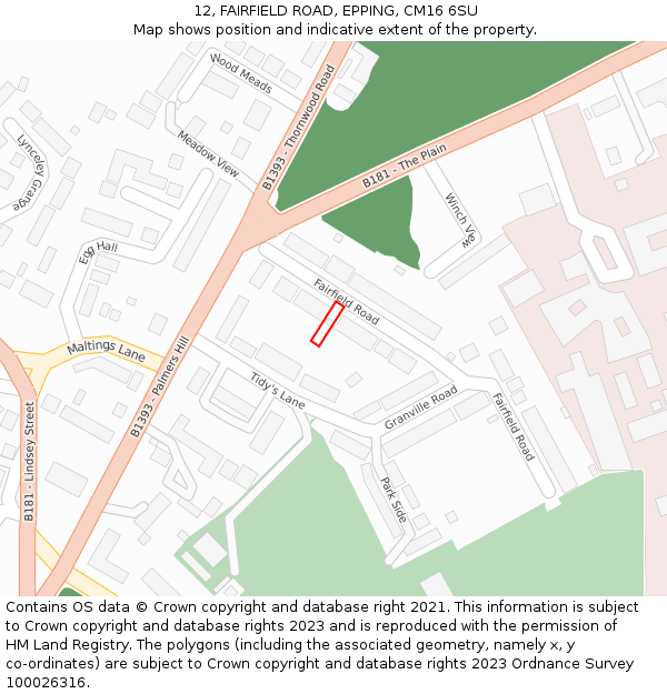 12, FAIRFIELD ROAD, EPPING, CM16 6SU: Location map and indicative extent of plot