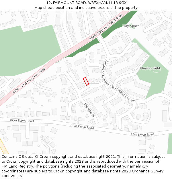 12, FAIRMOUNT ROAD, WREXHAM, LL13 9GX: Location map and indicative extent of plot