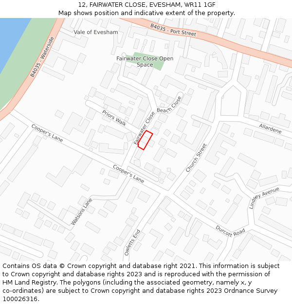 12, FAIRWATER CLOSE, EVESHAM, WR11 1GF: Location map and indicative extent of plot