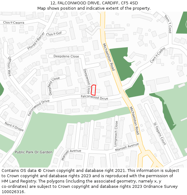 12, FALCONWOOD DRIVE, CARDIFF, CF5 4SD: Location map and indicative extent of plot