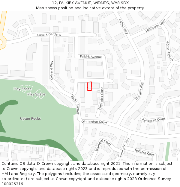 12, FALKIRK AVENUE, WIDNES, WA8 9DX: Location map and indicative extent of plot