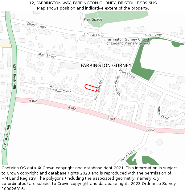 12, FARRINGTON WAY, FARRINGTON GURNEY, BRISTOL, BS39 6US: Location map and indicative extent of plot
