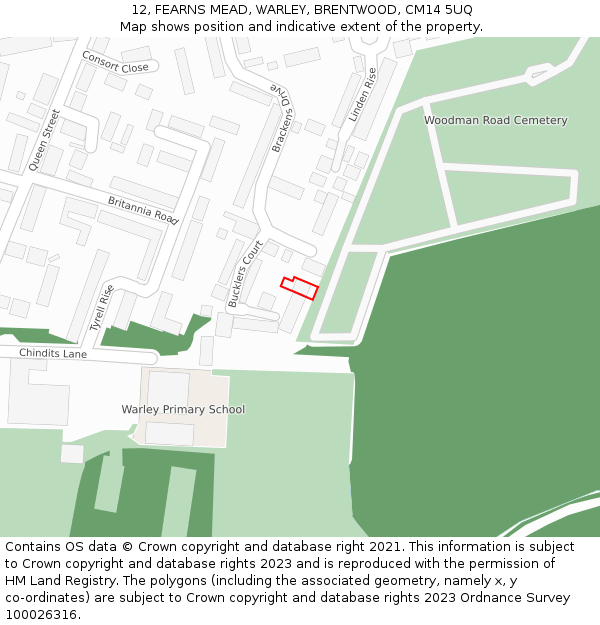 12, FEARNS MEAD, WARLEY, BRENTWOOD, CM14 5UQ: Location map and indicative extent of plot