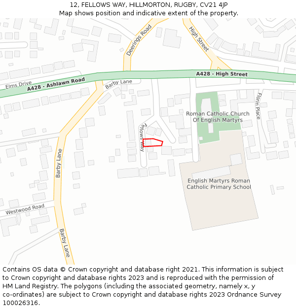 12, FELLOWS WAY, HILLMORTON, RUGBY, CV21 4JP: Location map and indicative extent of plot
