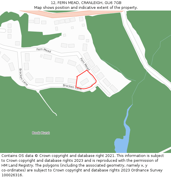 12, FERN MEAD, CRANLEIGH, GU6 7GB: Location map and indicative extent of plot