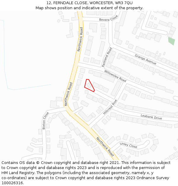 12, FERNDALE CLOSE, WORCESTER, WR3 7QU: Location map and indicative extent of plot