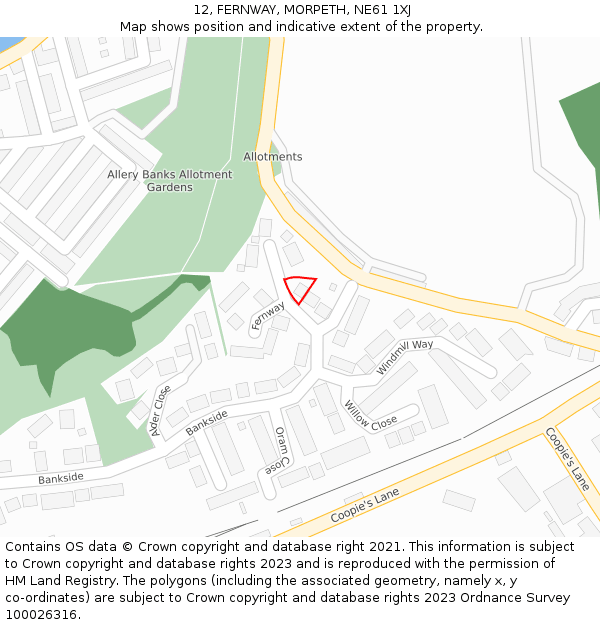 12, FERNWAY, MORPETH, NE61 1XJ: Location map and indicative extent of plot