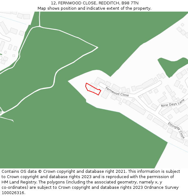 12, FERNWOOD CLOSE, REDDITCH, B98 7TN: Location map and indicative extent of plot