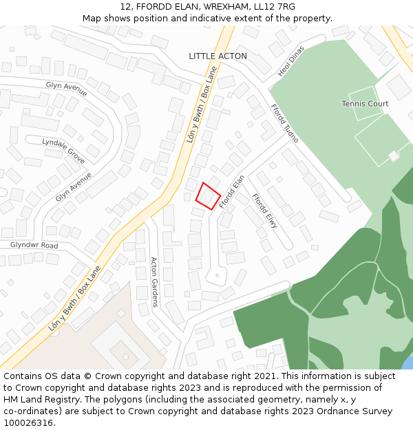 12, FFORDD ELAN, WREXHAM, LL12 7RG: Location map and indicative extent of plot