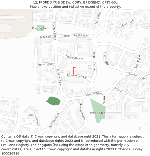 12, FFORDD YR EIDDEW, COITY, BRIDGEND, CF35 6GL: Location map and indicative extent of plot