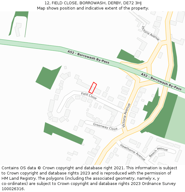 12, FIELD CLOSE, BORROWASH, DERBY, DE72 3HJ: Location map and indicative extent of plot