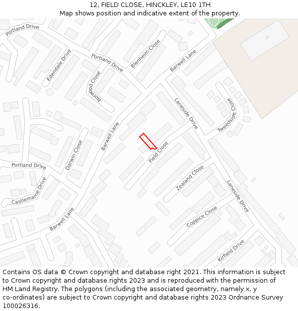 12, FIELD CLOSE, HINCKLEY, LE10 1TH: Location map and indicative extent of plot