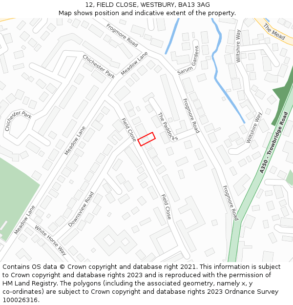 12, FIELD CLOSE, WESTBURY, BA13 3AG: Location map and indicative extent of plot