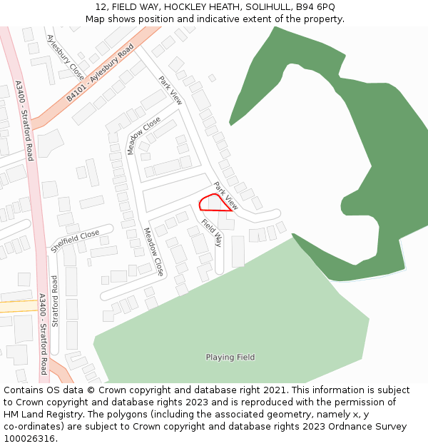 12, FIELD WAY, HOCKLEY HEATH, SOLIHULL, B94 6PQ: Location map and indicative extent of plot