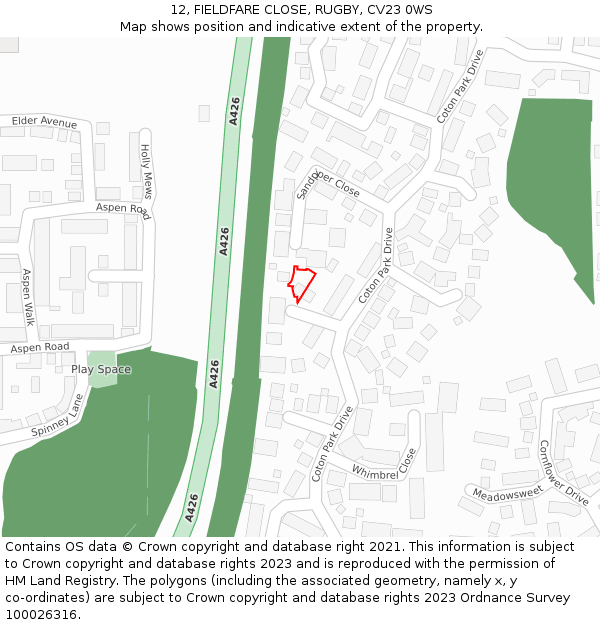 12, FIELDFARE CLOSE, RUGBY, CV23 0WS: Location map and indicative extent of plot