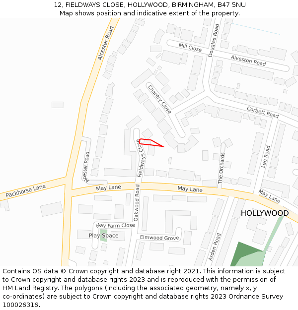 12, FIELDWAYS CLOSE, HOLLYWOOD, BIRMINGHAM, B47 5NU: Location map and indicative extent of plot