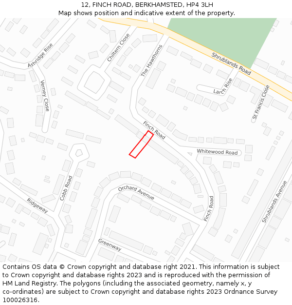 12, FINCH ROAD, BERKHAMSTED, HP4 3LH: Location map and indicative extent of plot