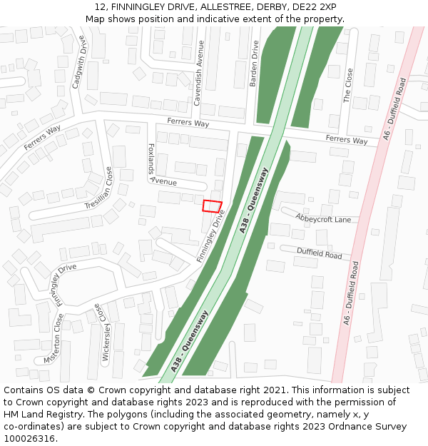 12, FINNINGLEY DRIVE, ALLESTREE, DERBY, DE22 2XP: Location map and indicative extent of plot