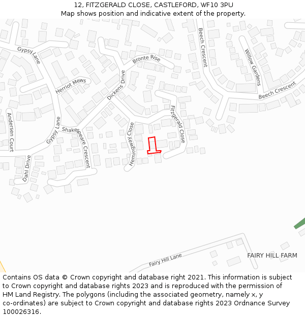 12, FITZGERALD CLOSE, CASTLEFORD, WF10 3PU: Location map and indicative extent of plot