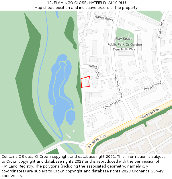 12, FLAMINGO CLOSE, HATFIELD, AL10 9LU: Location map and indicative extent of plot
