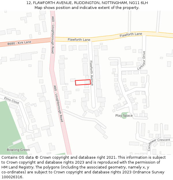 12, FLAWFORTH AVENUE, RUDDINGTON, NOTTINGHAM, NG11 6LH: Location map and indicative extent of plot