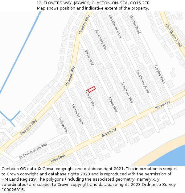 12, FLOWERS WAY, JAYWICK, CLACTON-ON-SEA, CO15 2EP: Location map and indicative extent of plot