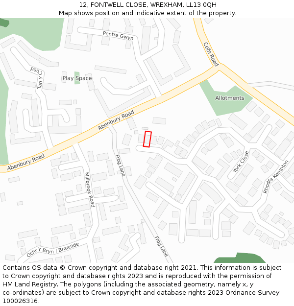 12, FONTWELL CLOSE, WREXHAM, LL13 0QH: Location map and indicative extent of plot