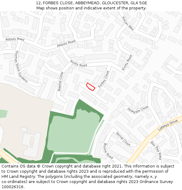 12, FORBES CLOSE, ABBEYMEAD, GLOUCESTER, GL4 5GE: Location map and indicative extent of plot