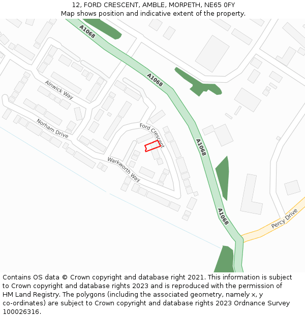 12, FORD CRESCENT, AMBLE, MORPETH, NE65 0FY: Location map and indicative extent of plot