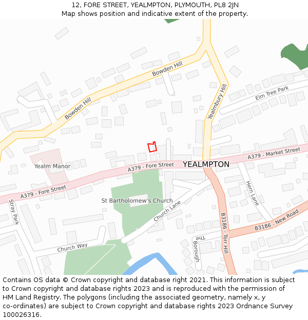 12, FORE STREET, YEALMPTON, PLYMOUTH, PL8 2JN: Location map and indicative extent of plot