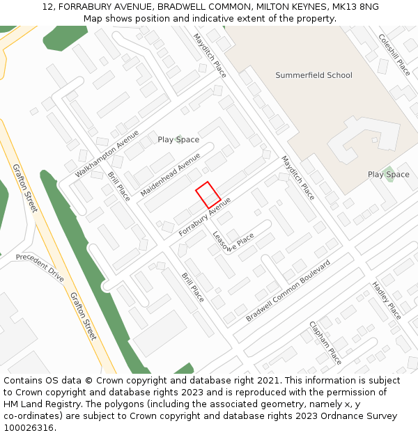 12, FORRABURY AVENUE, BRADWELL COMMON, MILTON KEYNES, MK13 8NG: Location map and indicative extent of plot